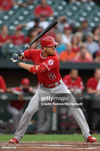 Andrelton Simmons of the Los Angeles Angels of Anaheim bats against the Baltimore Orioles in the first inning at Oriole Park at Camden Yards on June...