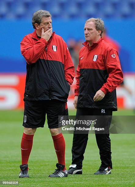Head coach Roy Hodgson and assistant coach Ray Lewington look on during the Fulham training session ahead of the UEFA Europa League final match...