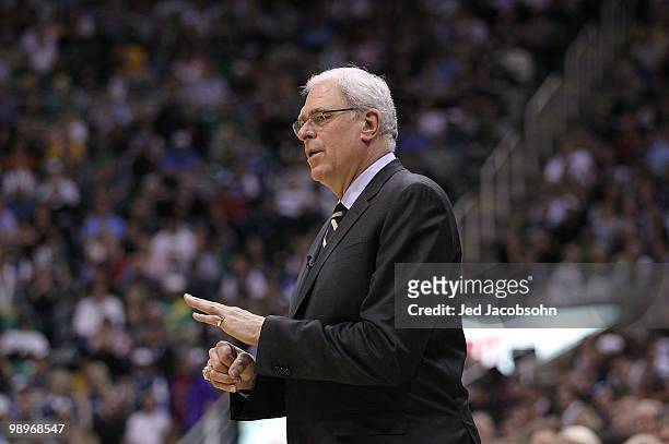 Head coach Phil Jackson of the Los Angeles Lakers looks on against the Utah Jazz during Game Four of the Western Conference Semifinals of the 2010...