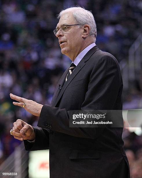 Head coach Phil Jackson of the Los Angeles Lakers looks on against the Utah Jazz during Game Four of the Western Conference Semifinals of the 2010...