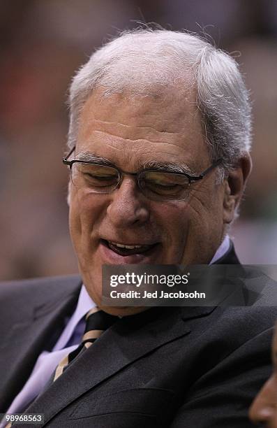 Head coach Phil Jackson of the Los Angeles Lakers looks on against the Utah Jazz during Game Four of the Western Conference Semifinals of the 2010...