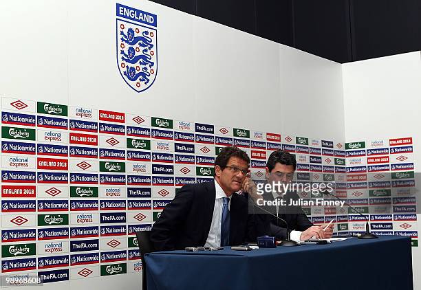 England coach Fabio Capello announces the England 2010 World Cup Squad next to Adrian Bevington, the FA director of communications at Wembley Stadium...