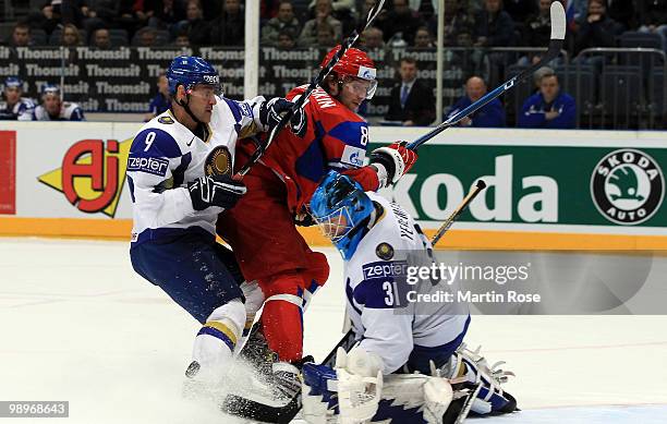 Alexander Ovechkin of Russia tries to score over Vitali Yeremeyev, goalkeeper of Kazakhstan during the IIHF World Championship group A match between...