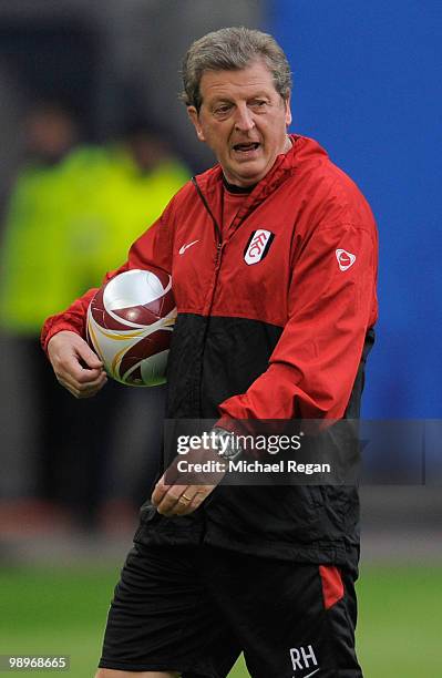 Head coach Roy Hodgson issues instructions during the Fulham training session ahead of the UEFA Europa League final match against Atletico Madrid at...