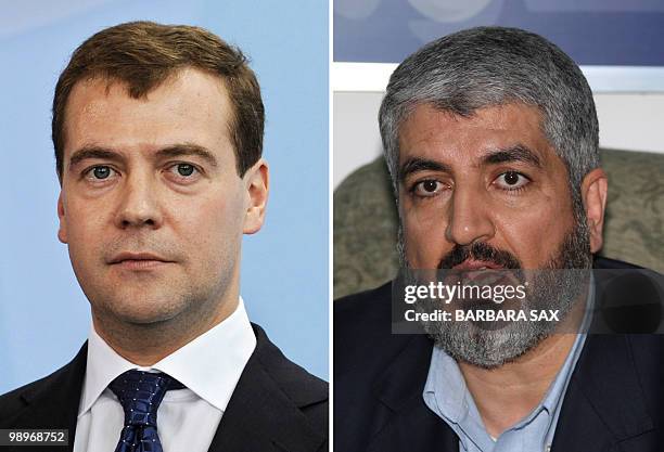 Combo of two pictures shows on Russian President Dmitry Medvedev during a joint press conference with German Chancellor Angela Merkel on June 5, 2008...