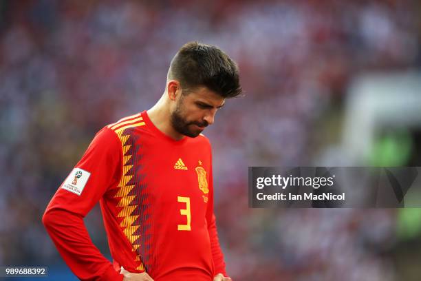 Gerard Pique of Spain is seen during the 2018 FIFA World Cup Russia Round of 16 match between Spain and Russia at Luzhniki Stadium on July 1, 2018 in...