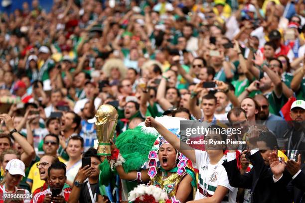 Mexico fans show their support during the 2018 FIFA World Cup Russia Round of 16 match between Brazil and Mexico at Samara Arena on July 2, 2018 in...