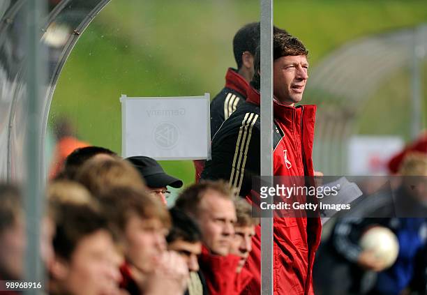Head coach Steffen Freund of Germany looks on during the U16 international friendly match between Denmark and Germany at the Gladsaxe stadium on May...