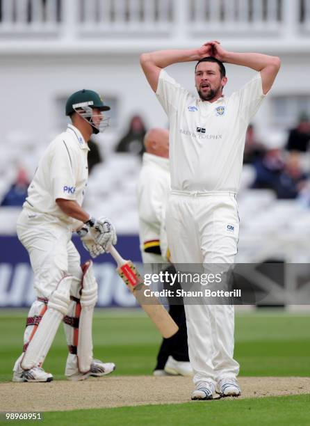 Steve Harmison of Durham shows his frustration during the LV County Championship match between Nottinghamshire and Durham at Trent Bridge on May 11,...