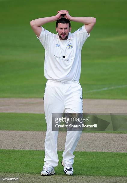 Steve Harmison of Durham shows his frustration during the LV County Championship match between Nottinghamshire and Durham at Trent Bridge on May 11,...