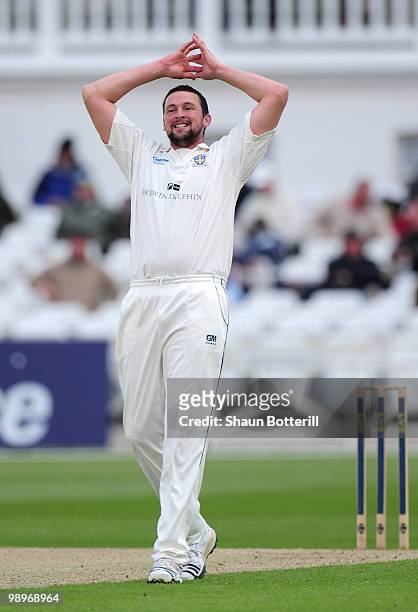 Steve Harmison of Durham shows his frustration during the LV County Championship match between Nottinghamshire and Durham at Trent Bridge on May 11,...