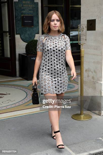 Tanya Burr leaves the Meurice hotel on July 2, 2018 in Paris, France.