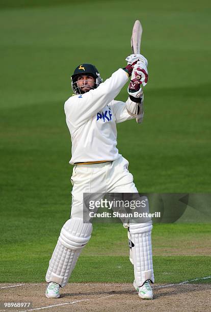 Hashim Amla of Nottinghamshire plays a shot during the LV County Championship match between Nottinghamshire and Durham at Trent Bridge on May 11,...