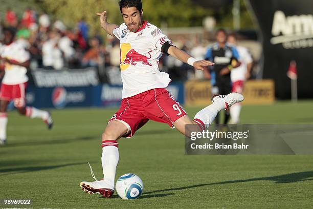 Juan Pablo Angel of the New York Red Bulls launches a shot against the San Jose Earthquakes on May 8, 2010 at Buck Shaw Stadium in Santa Clara,...