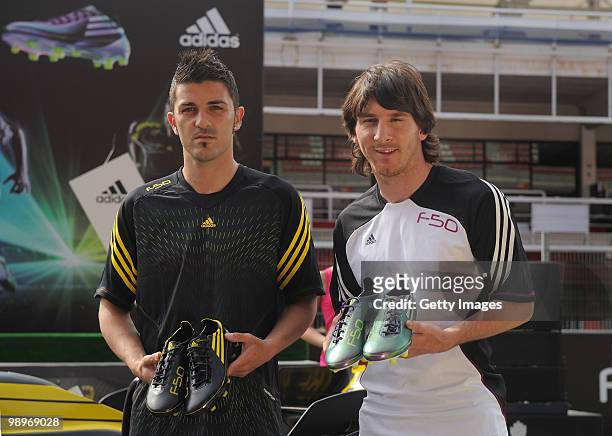 Lionel Messi and David Villa present the adidas F50 adiZero, the lightest ever football boot, during the launch at the Circuit de Catalunya on May...