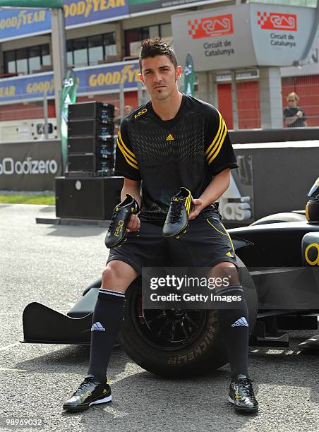 David Villa presents the adidas F50 adiZero, the lightest ever football boot, during the launch at the Circuit de Catalunya on May 11, 2010 in...