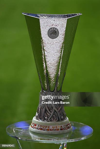 General view of the UEFA Europa League trophy during the Fulham training session ahead of the UEFA Europa League final match against Atletico Madrid...