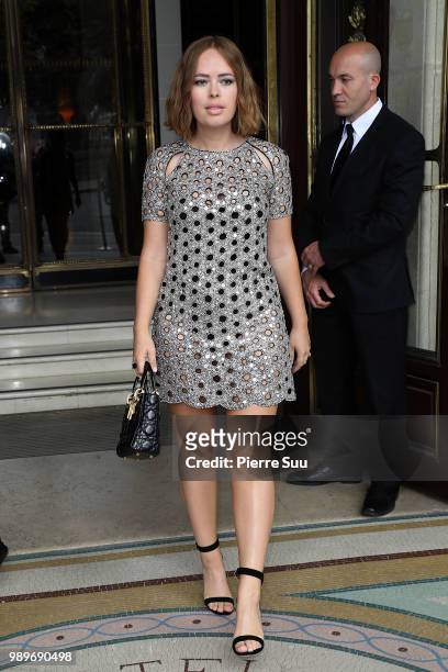 Tanya Burr leaves the Meurice hotel on July 2, 2018 in Paris, France.