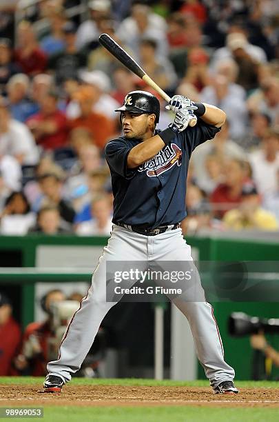 Melky Cabrera of the Atlanta Braves bats against the Washington Nationals at Nationals Park on May 4, 2010 in Washington, DC.