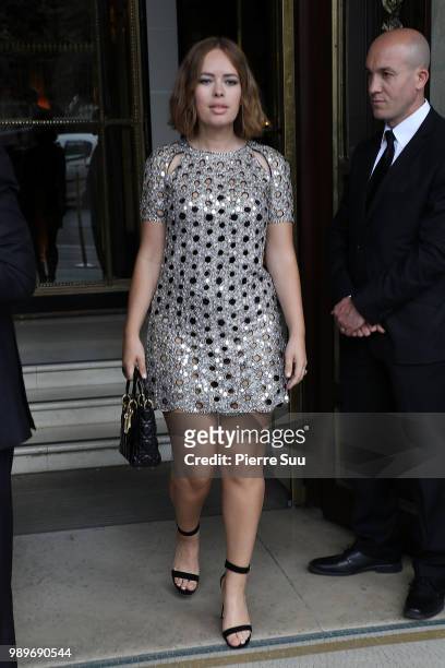 Tanya Burr leaves the Meurice hotel on July 2, 2018 in Paris, France.