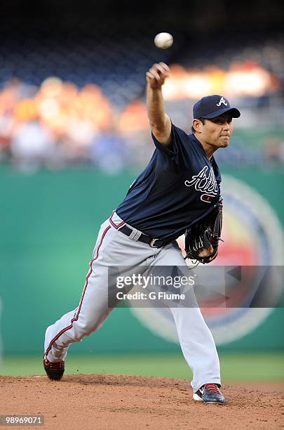 Kenshin Kawakami of the Atlanta Braves pitches against the Washington Nationals at Nationals Park on May 4, 2010 in Washington, DC.