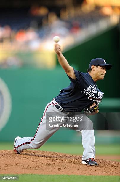 Kenshin Kawakami of the Atlanta Braves pitches against the Washington Nationals at Nationals Park on May 4, 2010 in Washington, DC.