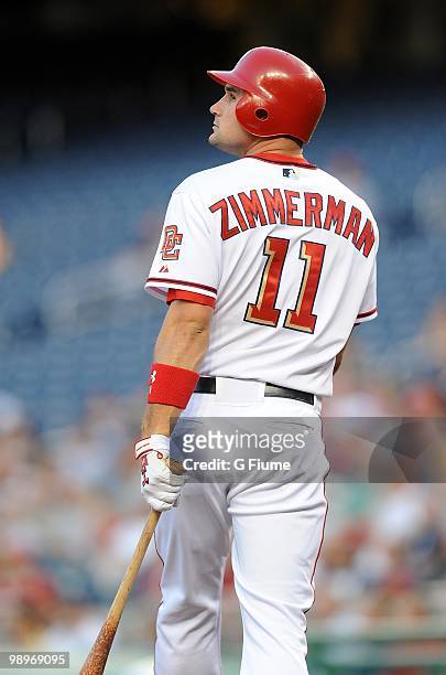 Ryan Zimmerman of the Washington Nationals watches a foul ball during the game against the Atlanta Braves at Nationals Park on May 4, 2010 in...