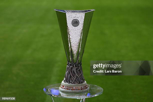 General view of the UEFA Europa League trophy during the Fulham training session ahead of the UEFA Europa League final match against Atletico Madrid...