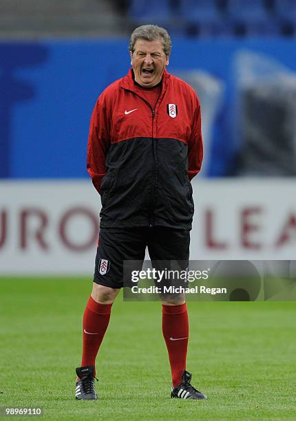 Head coach Roy Hodgson issues instructions during the Fulham training session ahead of the UEFA Europa League final match against Atletico Madrid at...