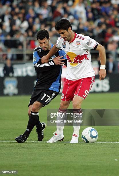 Juan Pablo Angel of the New York Red Bulls fends off Joey Gjertsen of the San Jose Earthquakes on May 8, 2010 at Buck Shaw Stadium in Santa Clara,...