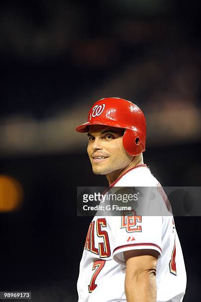 Ivan Rodriguez of the Washington Nationals looks towards the dugout during the game against the Atlanta Braves at Nationals Park on May 4, 2010 in...