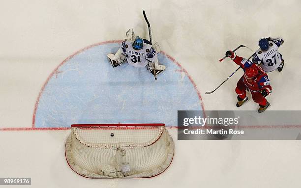 Alexander Ovechkin of Russia celebrates after he scores his team's 3rd goal during the IIHF World Championship group A match between Russia and...