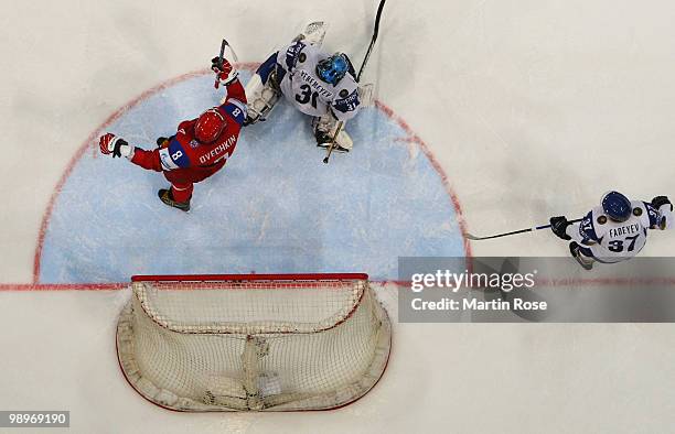 Alexander Ovechkin of Russia celebrates after he scores his team's 3rd goal during the IIHF World Championship group A match between Russia and...