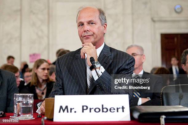 Tim Probert, president of global business lines and chief health, safety and environmental officer with Halliburton Co., sits during a break of the...