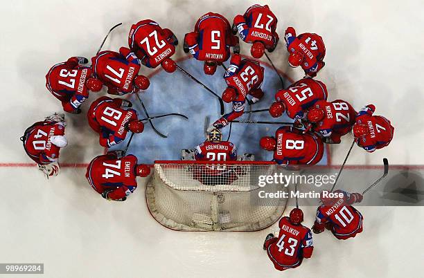 The team of Russia lines up prior to the IIHF World Championship group A match between Russia and Kazakhstan at Lanxess Arena on May 11, 2010 in...