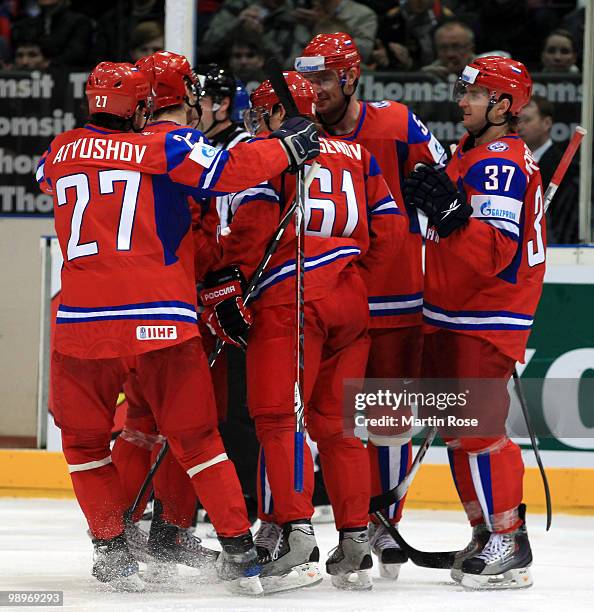 The team of Russia celebrate during the IIHF World Championship group A match between Russia and Kazakhstan at Lanxess Arena on May 11, 2010 in...