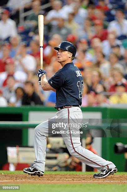 Chipper Jones of the Atlanta Braves bats against the Washington Nationals at Nationals Park on May 4, 2010 in Washington, DC.