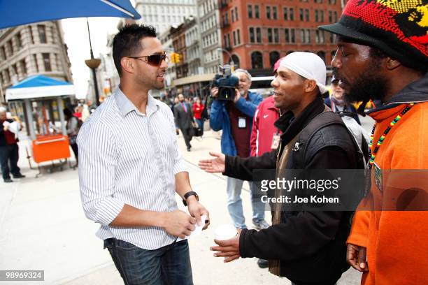 New York Mets Baseball player Angel Pagan promotes City Harvest's Skip Lunch Fight Hunger campaign at the Flatiron District North Pedestrian Plaza on...
