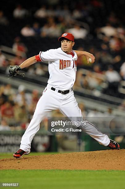 Sean Burnett of the Washington Nationals pitches against the Atlanta Braves at Nationals Park on May 4, 2010 in Washington, DC.