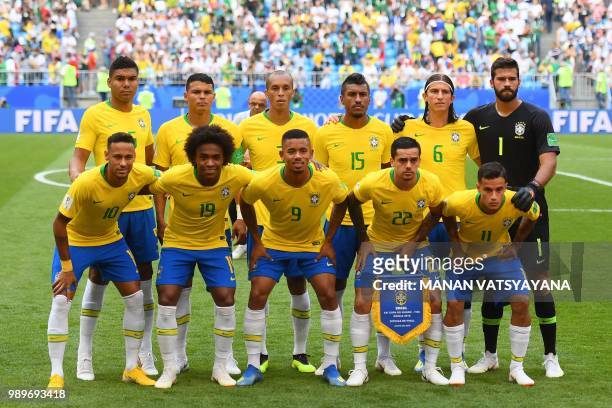 Brazil's forward Neymar, Brazil's forward Willian, Brazil's forward Gabriel Jesus, Brazil's defender Fagner, Brazil's forward Philippe Coutinho,...