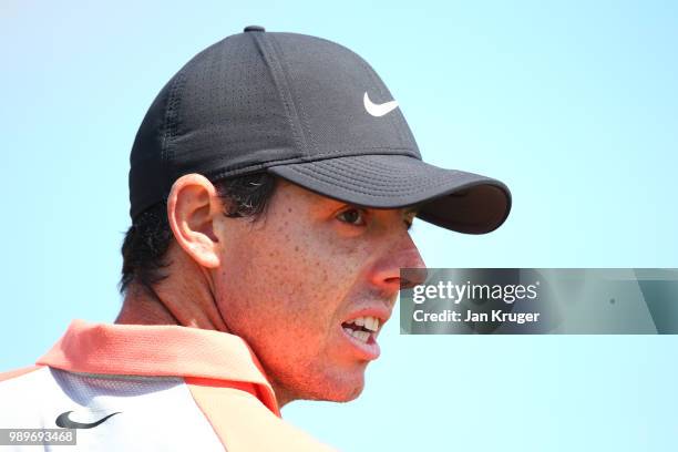 Rory McIlroy of Northern Ireland practices on the driving range ahead of the Dubai Duty Free Irish Open at Ballyliffin Golf Club on July 2, 2018 in...