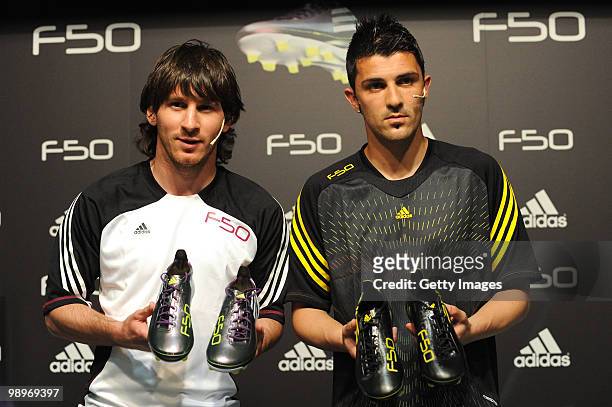 Lionel Messi and David Villa present the adidas F50 adiZero, the lightest ever football boot, during the launch at the Circuit de Catalunya on May...