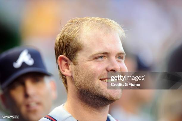 Brian McCann of the Atlanta Braves watches the game against the Washington Nationals at Nationals Park on May 5, 2010 in Washington, DC.