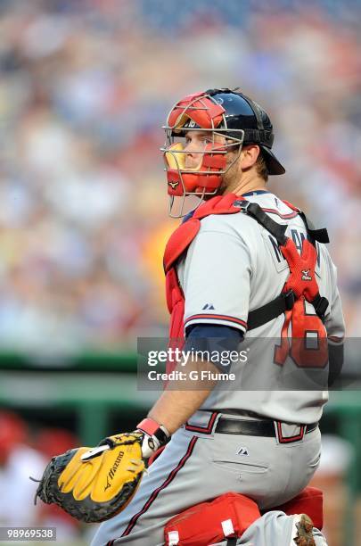 Brian McCann of the Atlanta Braves looks towards the dugout during the game against the Washington Nationals at Nationals Park on May 5, 2010 in...