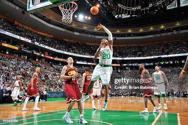 Ray Allen of the Boston Celtics puts a shot up over Delonte West of the Cleveland Cavaliers in Game Three of the Eastern Conference Semifinals during...