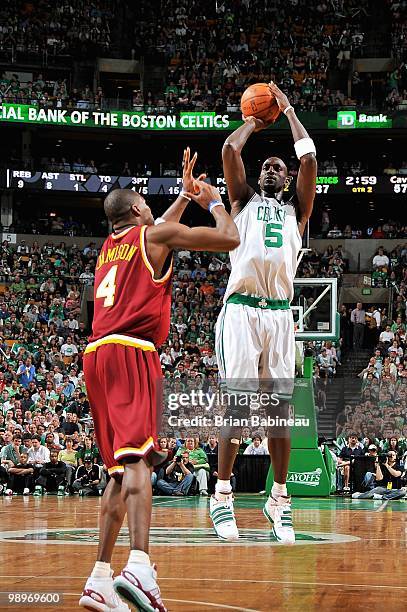 Kevin Garnett of the Boston Celtics puts a shot up over Antawn Jamison of the Cleveland Cavaliers in Game Three of the Eastern Conference Semifinals...