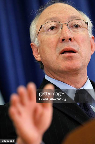 Secretary of Interior Ken Salazar speaks during a news conference May 11, 2010 in Washington, DC. Salazar announced that he would split the Minerals...