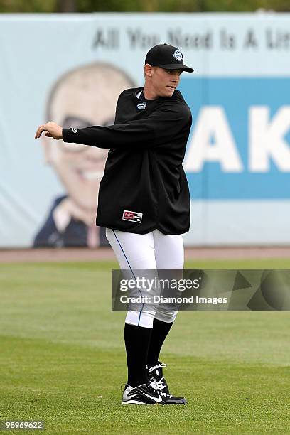 Pitcher Stephen Strasburg of the Syracuse Chiefs stretches prior to his AAA minor league debut on May 7, 2010 at Alliance Bank Stadium in Syracuse,...