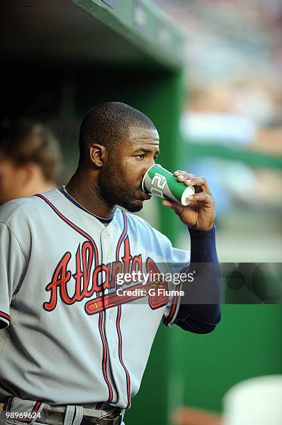 Jason Heyward of the Atlanta Braves has a drink during the game against the Washington Nationals at Nationals Park on May 5, 2010 in Washington, DC.