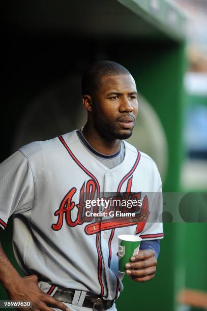 Jason Heyward of the Atlanta Braves has a drink during the game against the Washington Nationals at Nationals Park on May 5, 2010 in Washington, DC.